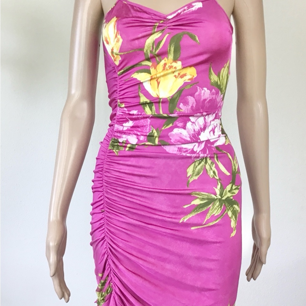 Pink Ruched Spaghetti Strap Bodycon Midi Dress